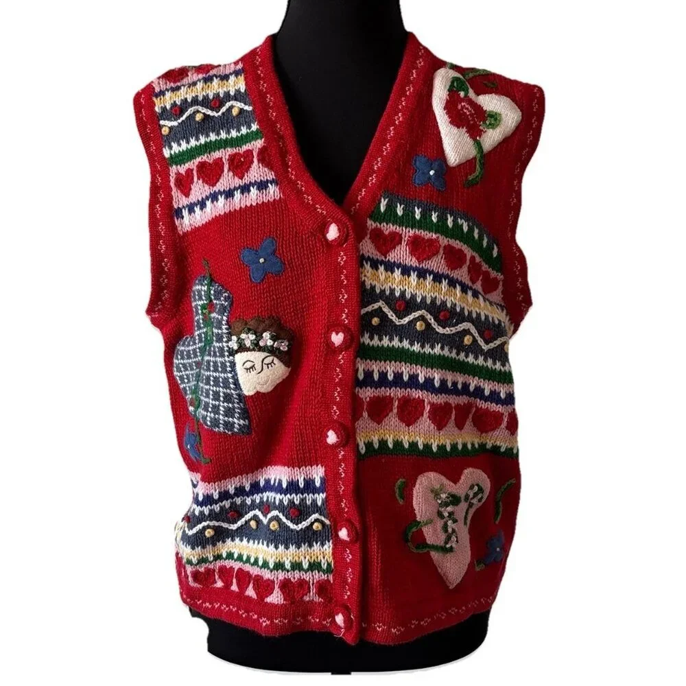 VTG Karen Scott Red Sweater‎ Vest Fair Isle Hearts Flowers Size M GrandmaCore